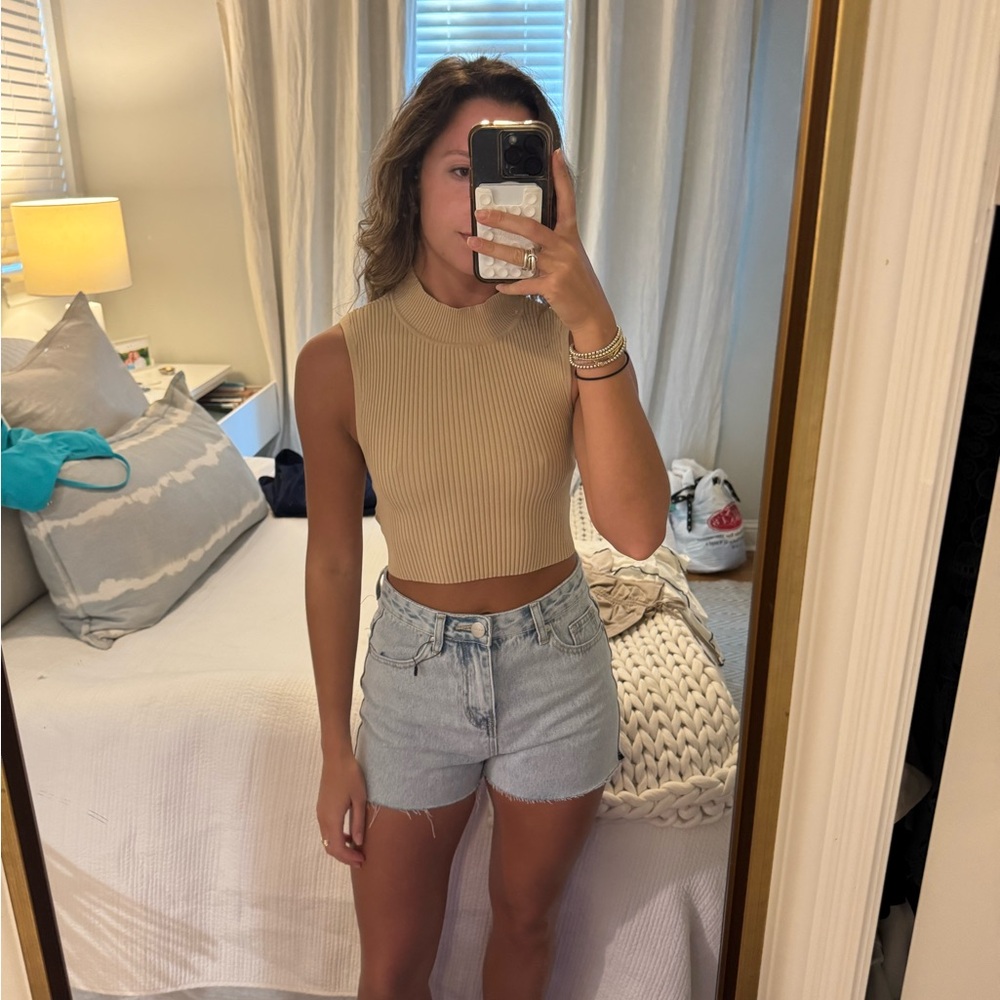 Camila Coelho Beige Ribbed Tank Top